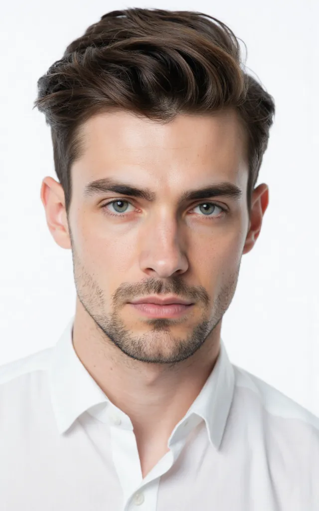 A French male model with a Side   swept hair, wearing a shirt, against a white background, in a front   facing bust portrait